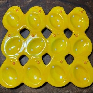 Yellow Ceramic Baby Chick Deviled Egg Tray Easter 12 Slot Serving Platter